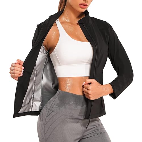 Weyot Saunajacke Damen, Schwitzanzug Damen Zum Abnehmen, Saunaanzüge Sauna Shirt Langarm Oberteile Shapewear Schwitzeffekt Fettverbrennung Bauchkontrolle Saunashirt Damen Mit Reißverschluss,3XL,Black von Weyot