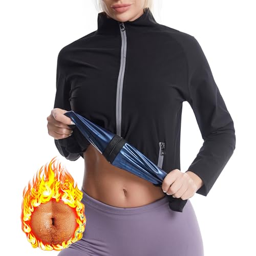 Weyot Saunajacke Für Damen, Schwitzanzug Zum Abnehmen, Saunaanzüge Damen Sauna Shirt Mit Taschen, Sauna Shapewear Schwitzeffekt Fettverbrennung Bauchkontrolle Fitness Trainingsshirt,M,Blue von Weyot