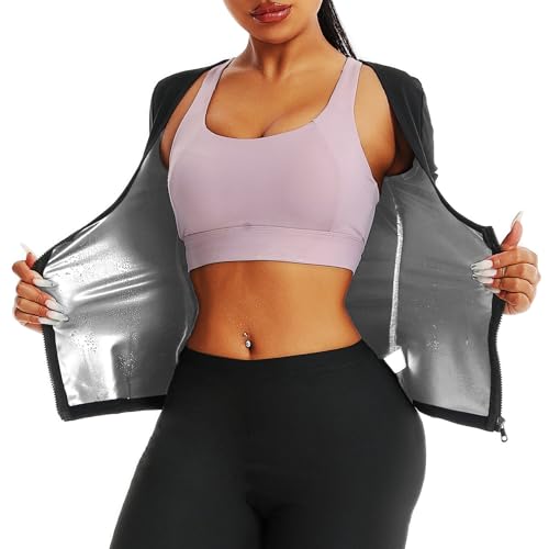 Weyot Saunaweste Für Damen, Saunaanzüge Schwitzweste Damen Sauna Effekt Training Korsett Bauchkontrolle Sweatshirts Mit Reißverschluss, L/XL,Silver von Weyot