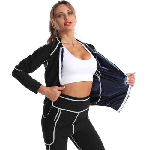 Weyot Schwitzanzug Damen Zum Abnehmen, Sauna Shirt Langarm Workout-Oberteil Damen Schwitzeffekt Fitness Trainingsshirt Fettverbrennung Bauchweg Sweatshirt Mit Reißverschluss,S,Blue von Weyot