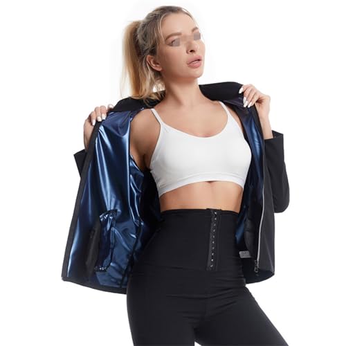 Weyot Schwitzanzug Damen Zum Abnehmen, Saunaanzüge Damen Sauna Shirt Mit Taschen, Saunajacke Damen Schwitzeffekt Fettverbrennung Bauchkontrolle Sauna Shapewear,S,Blue von Weyot