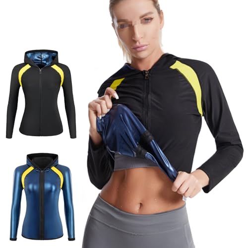 Weyot Schwitzanzug Damen Zum Abnehmen, Saunaanzüge Damen Saunajacke Schwitzeffekt Fitness Body Shaper Gewichtsverlust Bauchweg Reißverschluss Mit Kapuze,L,Black von Weyot