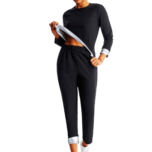 Weyot Schwitzanzug Damen Zum Abnehmen, Saunaanzüge Damen Sportshirt Und Trainingshose Set Fettverbrennung Bauchstraffung Sauna Shapewear Für Fitness Laufen Yoga Joggen,S,Silver von Weyot