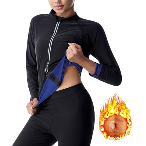 Weyot Schwitzanzug Damen Zum Abnehmen, Saunajacke Schwitzeffekt Saunashirt Langarm Sauna Shapewear Fettverbrennungs Trainings Fitness Schwitzjacke Sweatshirt,3XL,Blue von Weyot