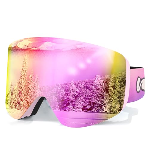 Whale Magnetic Ski Goggles OTG Snowboard Goggles Unisex 100% Uv Protection (Limited Time Discount Price For Fans Of The Brand) (Pink polarized mirror, Large size/frame column mirror) von Whale