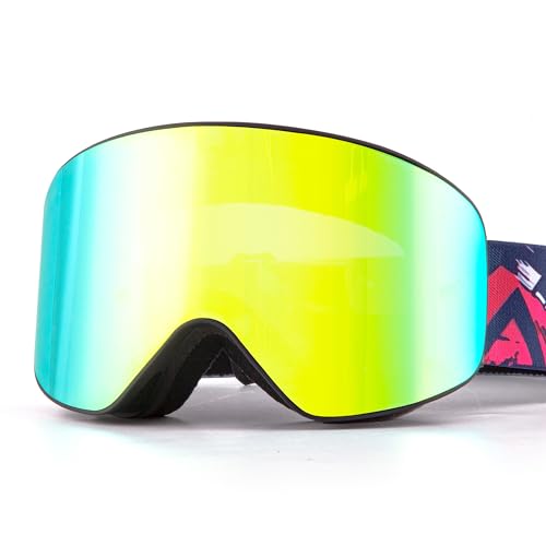 Whale Ski Goggles OTG, Magnetic Over Glasses Snowboard Goggles for Men, Women Adult, Anti Fog Snow Goggles 100% UV Protection (Couleur du coucher du soleil, Large face/framed cylindrical mirror) von Whale