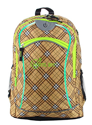 Wheel-Bee Rucksack, Design: Brown mit integriertem LED Licht (grün) und Reflektorstreifen, Schulrucksack, Daypack, Backpack, Sichtbarkeit bei Dunkelheit, 30 Liter, 950002 von WheelBee