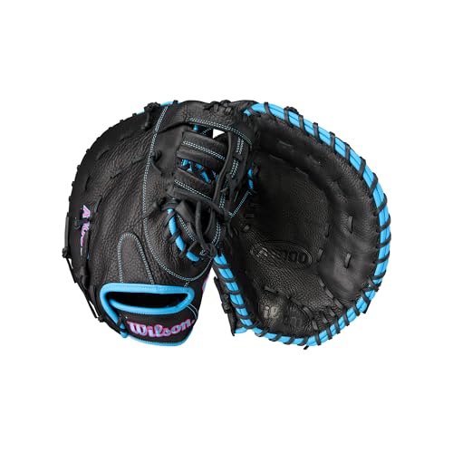 WILSON Unisex – Erwachsene 2024 A1000 Baseball First Base Mitts Handschuh, Schwarz/kühles Blau/Flamingo-Pink, 13" von Wilson