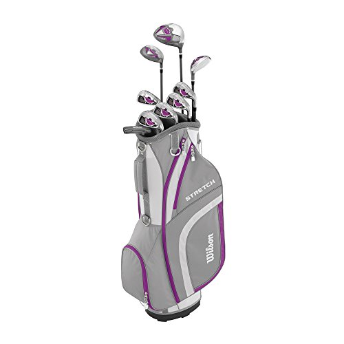 Wilson Anfänger-Amazon Exclusive Komplettsatz, 9 Golfschläger mit Cartbag, Damen, Linkshand, Stretch XL, weiß/grau/violett, WGG157556 von Wilson
