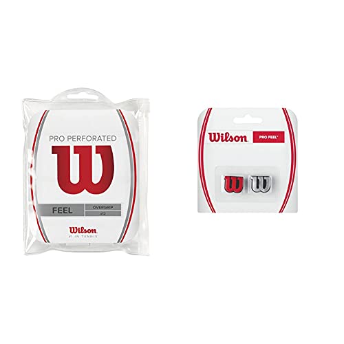 Wilson Unisex Griffband Pro Overgrip Perforated, Weiß, 12 Stück, WRZ4006WH & Logo-Vibrationsdämpfer für Tennisschläger, Pro Feel, 2er Pack, rot/Silber, WRZ537600 Wilson Unisex Griffband Pro Overgrip Perforated, Weiß, 12 Stück, WRZ4006WH & Logo-Vibrationsdämpfer für Tennisschläger, Pro Feel, 2er Pack, rot/Silber, WRZ537600 von Wilson
