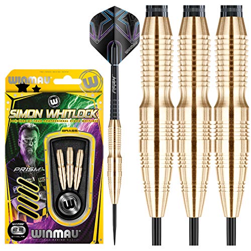 WINMAU Darts Champions Simon Whitlock Brass 22g Profi Steeltip Dartpfeile Set mit Flights und Schäfte von WINMAU