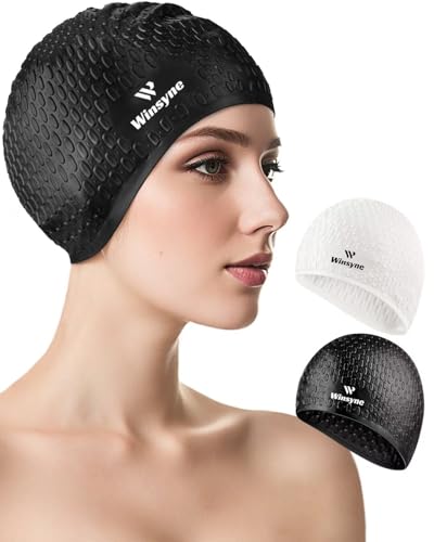 Silikon-Badekappe für Damen und Herren, große Badekappen für langes Haar/Zöpfe, um das Haar trocken zu halten, wasserdichte Badekappen zum Schwimmen, mit Ohrstöpseln und Nasenklammer-Set (schwarz und Silikon-Badekappe für Damen und Herren, große Badekappen für langes Haar/Zöpfe, um das Haar trocken zu halten, wasserdichte Badekappen zum Schwimmen, mit Ohrstöpseln und Nasenklammer-Set (schwarz und von Winsyne