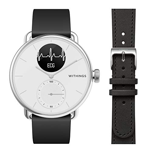 Withings - Scanwatch 38 mm Weiß mit Schwarzem FKM Silikonband 18 mm + 1 Lederarmband Schwarz 18 mm - Hybrid Smart Watch mit EKG, Herz-Scan, SPO2 und Schlaftracking von Withings