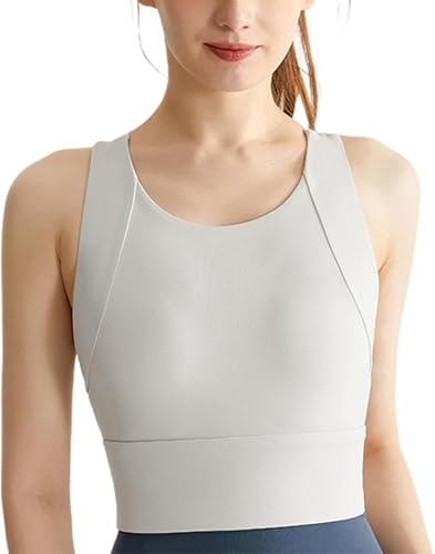 Hochgeschlossener, bügelloser, gepolsterter Yoga-BH, langes, ärmelloses Sport-Top, Push-up-Sport-BH (White,XL) von WitmAn