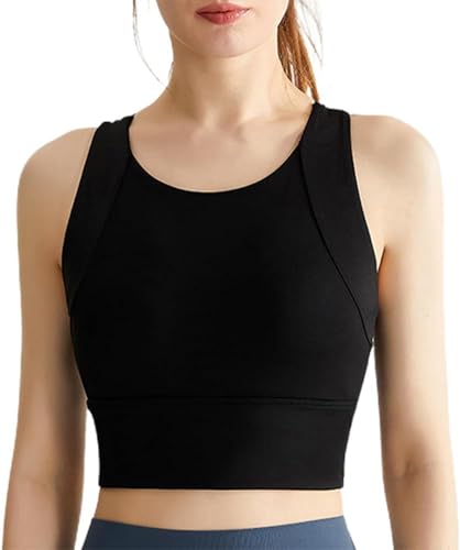 WitmAn Hochgeschlossener, bügelloser, gepolsterter Yoga-BH, langes, ärmelloses Sport-Top, Push-up-Sport-BH (Black,L) von WitmAn