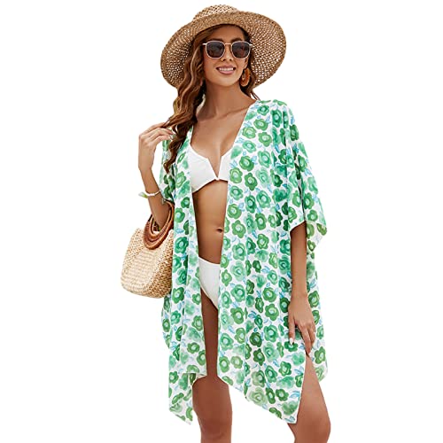 Wjsdsg Damen Kimono Cardigan Mit Blumendruck Lockerer Badeanzug Überwurf Lässig Seitlicher Strand Badeanzug Oberteil Strandmode von Wjsdsg