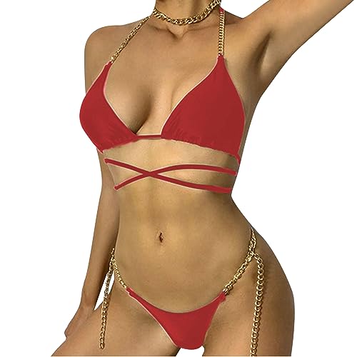 Wjsdsg Damen Neckholder Set Träger Badeanzüge Hoch Geschnittener Tanga Knoten Badebekleidung Niedrige Taille Schnür Anzug von Wjsdsg