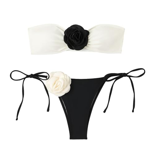 Wjsdsg Zweiteilige Bandeau Badeanzüge Für Damen Badeanzug Mit Schnürung Damen Set Mit 3D Blumenmuster Für Urlaub Und Surfen von Wjsdsg