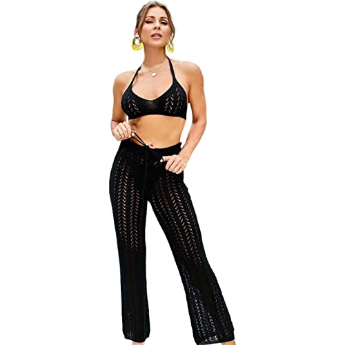 Wjsdsg Zweiteilige Damen Outfits – Neckholder Oberteil Ausgehöhlte Hosen Häkel Strand Up Badeanzug Up Hosen Strandmode von Wjsdsg