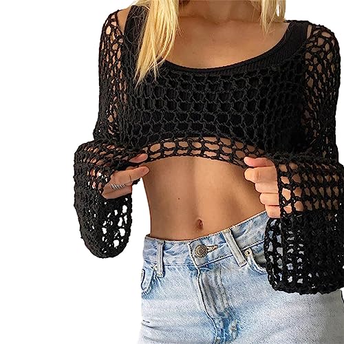 Woedpez Frauen Bikinis Abdeckung Pullover Crop Top Hohl Out Häkeln Sexy Langarm Beachwear Abdeckung Unten Schlaf Bademode Abdeckung von Woedpez