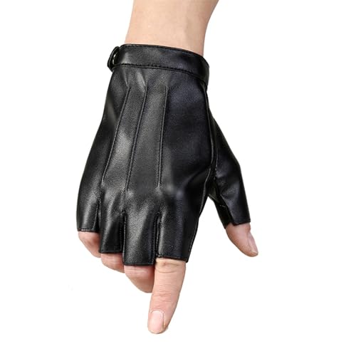 Woedpez Halbfinger-Handschuhe mit verstellbarem Riemen, rutschfeste Punk-PU-Handschuhe für Erwachsene zum Autofahren von Woedpez