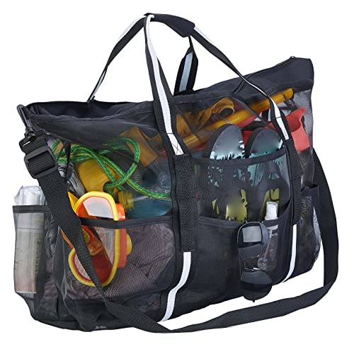 Woedpez Netz Strandtasche Extra Große Strandtaschen Mit Taschen Und Reißverschluss Leichte Strandtasche Für Strand/Pool Ausflug XL Spielzeug Tragetasche von Woedpez