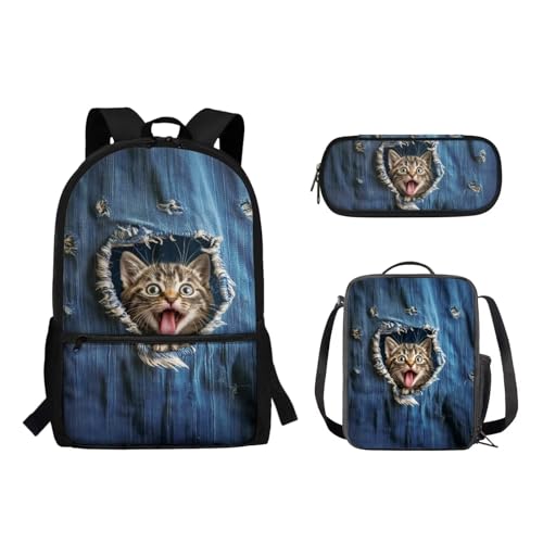 Woisttop 3-teiliger Rucksack für Kinder, elementarer Rucksack, Schultasche mit Lunchbox, Tasche, Federmäppchen-Set, Denim-Katzenaufdruck von Woisttop