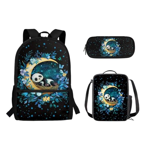 Woisttop 3-teiliges Rucksack-Schultaschen-Set für Jungen und Mädchen, Schultasche mit Lunchtasche, Federmäppchen, Beutel-Set, panda von Woisttop