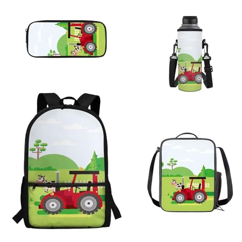 Woisttop 4er-Pack Rucksack-Schultaschen-Set für Kinder, Schulbüchertasche mit isolierter Lunchbox, Federmäppchen, Wasserflaschenhülle, Traktor von Woisttop