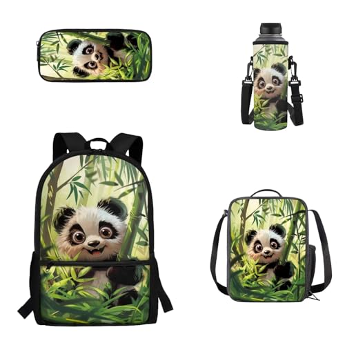 Woisttop 4er-Pack Rucksack-Schultaschen-Set für Kinder, Schulbüchertasche mit isolierter Lunchbox, Federmäppchen, Wasserflaschenhülle, panda von Woisttop