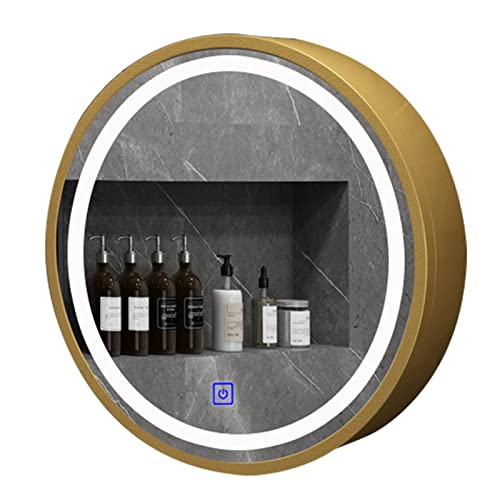 Badezimmerspiegel, Medizinschrank, Holzschrank, 50/60/70 cm, runder Badezimmerspiegelschrank mit hellem Regal, Toiletten-Kosmetikspiegel (Farbe: Gold, Größe: 60 cm/23,6 Zoll) von WolFum