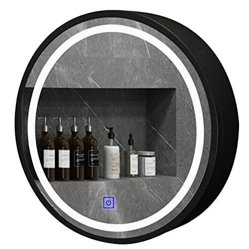 Badezimmerspiegel-Medizinschrank, Aufbewahrungsschrank aus Holz, 50/60/70 cm, runder Badezimmerspiegelschrank mit hellem Regal, Toiletten-Kosmetikspiegel (Farbe: Schwarz, Größe: 70 cm/27,5 Zoll) von WolFum