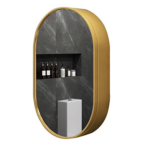 WolFum Medizinschrank mit Spiegel, ovaler Badezimmerspiegelschrank aus massivem Holz, geeignet für Eingang, Schlafzimmer, Wohnzimmer, Badezimmerspiegel mit Stauraum (Farbe: Gold, Größe: 40 x 70 x 14 von WolFum