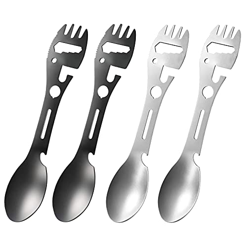 Wresetly 4 Stück 10 in 1 Spork Multifunktionaler Spork Löffel Dosenöffner gezahnter Schlüssel zum Wandern im Freien in der Schulter von Wresetly