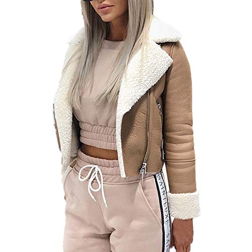 Writtian Damen Faux Pelz Fleece Revers Wildleder Jacke Bikerjacke Motorradjacke Felljacke Dünne Kurze Mantel Warm Winterjacke Lederimitat Lederjacke Pink Kunstleder Jacke Cross Over Kragen von Writtian