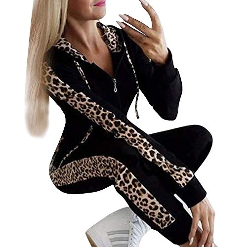 Writtian Frühling Herbst Trainingsanzug Damen Sportanzüge 2 Stück Set Outfit Sexy Sport Fitness Bodycon Leopard Patchwork Kapuzenpullover Sweatshirt Slim Fit Jogginghose Jogginganzug mit Tunnelzug von Writtian