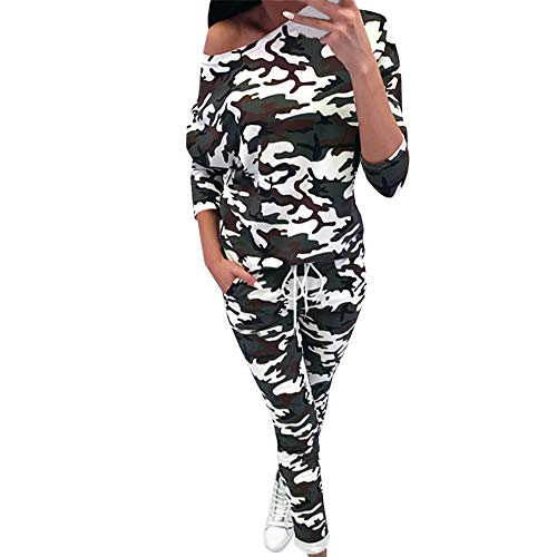 Writtian Herbst Trainingsanzug Damen Rundhals Sportanzüge 2 Stück Set Outfit Sexy Sport Fitness Tarnung Leopard Drucken Jogginganzug Jogginghose Tracksuit Hausanzug Fitnessanzug von Writtian