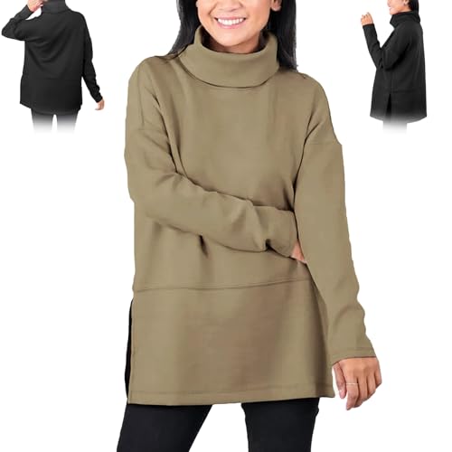 Airessentials Rollkragen-Tunika, Frauen große Größe Multicolor Seite Schlitz hohen Kragen Top lässige Pullover-Oberteile, hohen Kragen Lange Ärmel lose leichtes Strick-Top (5XL,Khaki) von Wryhaul