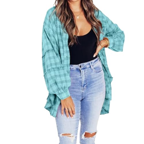 Alphabetw Flanellhemden, Damen Nähte Raw Edge Washed Oversized Hemdjacke mit Taschen, Flanell Button-Up Hemd, Damen Button Down Flanellhemden Langarm Kariert (Blau,XL) von Wryhaul