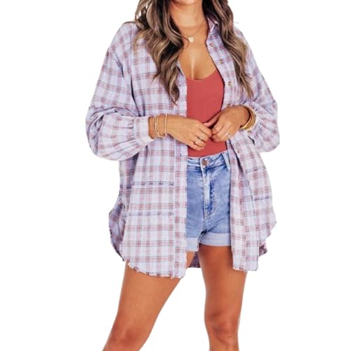 Alphabetw Flanellhemden, Damen Nähte Raw Edge Washed Oversized Hemdjacke mit Taschen, Flanell Button-Up Hemd, Damen Button Down Flanellhemden Langarm Kariert (Lila,3XL) von Wryhaul