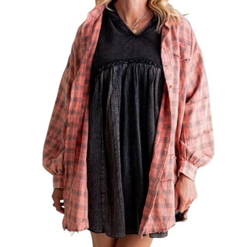 Alphabetw Flanellhemden, Damen Nähte Raw Edge Washed Oversized Hemdjacke mit Taschen, Flanell Button-Up Hemd, Damen Button Down Flanellhemden Langarm Kariert (Rosa,XL) von Wryhaul