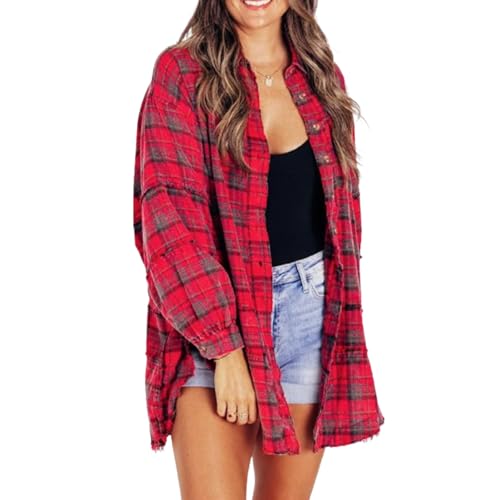 Alphabetw Flanellhemden, Damen Nähte Raw Edge Washed Oversized Hemdjacke mit Taschen, Flanell Button-Up Hemd, Damen Button Down Flanellhemden Langarm Kariert (Rot,XL) von Wryhaul