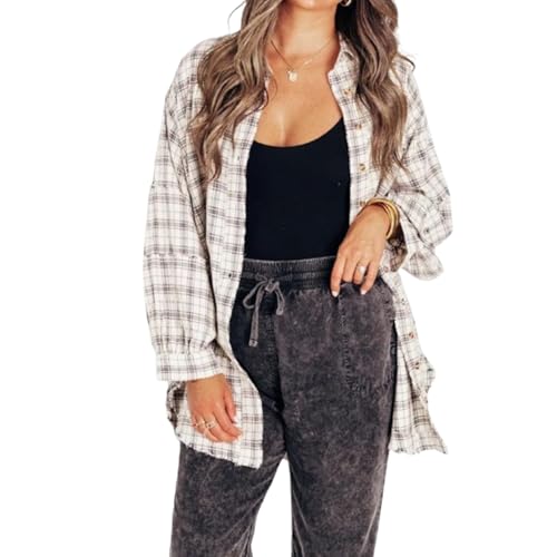 Alphabetw Flanellhemden, Damen Nähte Raw Edge Washed Oversized Hemdjacke mit Taschen, Flanell Button-Up Hemd, Damen Button Down Flanellhemden Langarm Kariert (Weiß,M) von Wryhaul