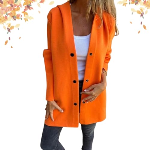 Lässige einreihige Kapuzenjacke Jasperbelly, Glamcloths einreihiger Kapuzenmantel, Revers einreihige Kapuzenjacke, Langarm einfarbiger Trenchcoat für Frauen 2024 (Orange,L) von Wryhaul