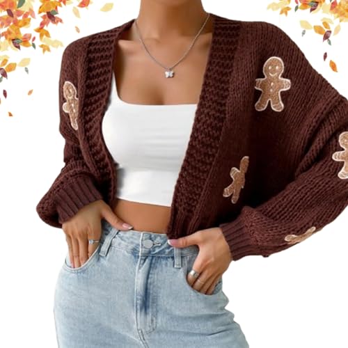 Lebkuchen Strickjacke Frauen, Frauen Weihnachten abgeschnitten Strickjacke Pullover, niedlich Weihnachten Pullover vorne offen Strickjacke, hässliche Weihnachten Strickjacke (Braun,L) von Wryhaul