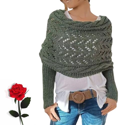 Multifunktionaler Schal mit Ärmeln für Frauen, Ärmel-Wickelschal, gestrickter Kabelwickel, Strickwickel, Schal-Pullover-Wickel mit Ärmeln, Strickpullover-Schal (Grün,Einheitsgröße) von Wryhaul