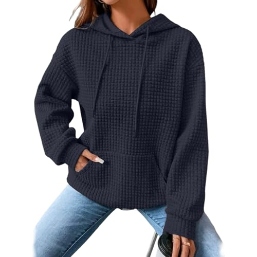 Niedliche Kapuzenpullis für Frauen 2024 Herbst Mode Waffel Stricken Drawstring Pullover Sweatshirts, Langarm-Pullover Casual Comfy Herbst Kleidung Outfits, Loose Fit Cute Clothes (Marineblau,XL) von Wryhaul