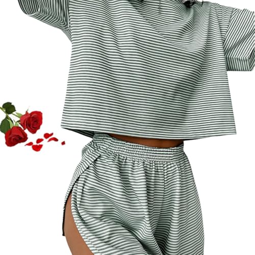 Sereluxe Pyjama Set, Wrap Split Shorts Pyjama Set, weiches und verführerisches Pyjama Set, gestreiftes zweiteiliges Pyjama Set für Damen, seitlich geteiltes kurzes Pyjama Set (Grün,XL) von Wryhaul