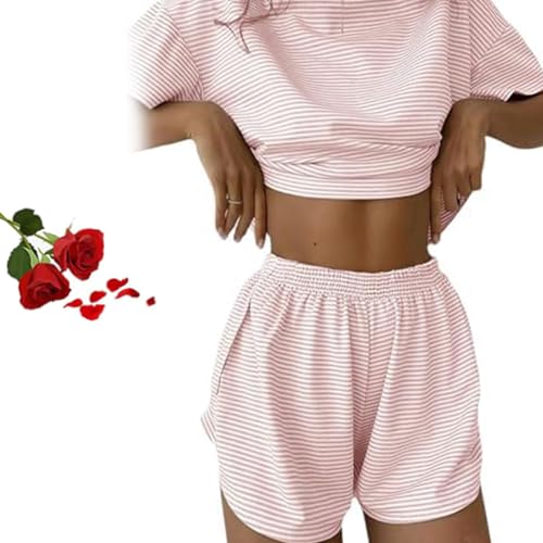 Sereluxe Pyjama Set, Wrap Split Shorts Pyjama Set, weiches und verführerisches Pyjama Set, gestreiftes zweiteiliges Pyjama Set für Damen, seitlich geteiltes kurzes Pyjama Set (Rosa,S) von Wryhaul