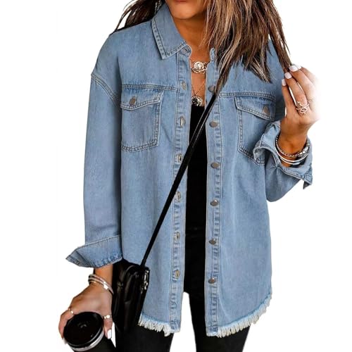 The Beauty North Denim Jacket, Damen Casual Denim Button Down Distressed Jacket, Langarm ausgefranster Saum Jeansjacke Denim Shirt, Denim Jacket für Frauen (Denim Blau,2XL) von Wryhaul